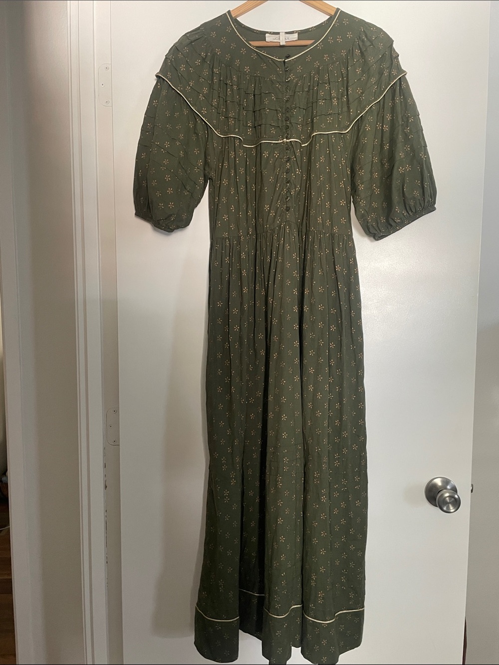 THE GREAT. Olive Green Maxi Dress with Puff Sleeves